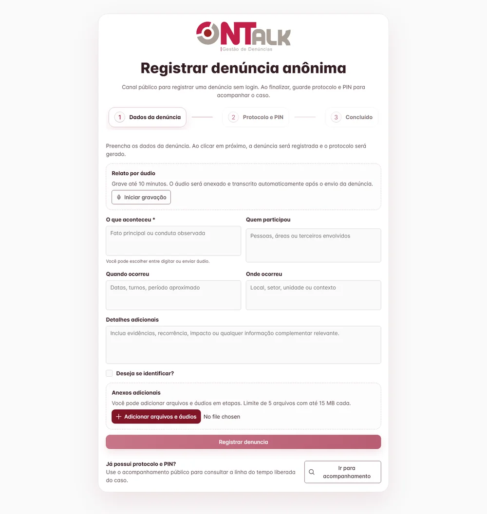 Tela pública do NTapp para registrar denúncia anônima, com campos do relato e anexos