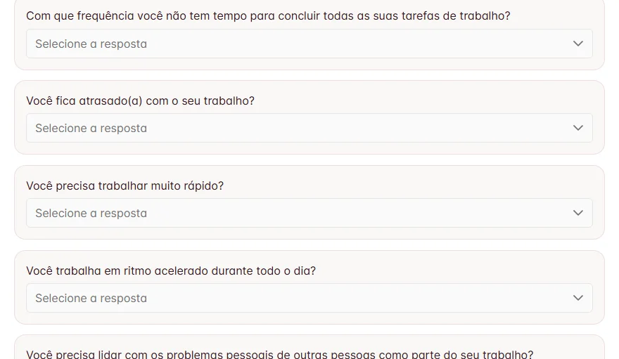 Perguntas da pesquisa pública COPSOQ III na plataforma NTapp
